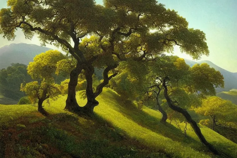 Image similar to masterpiece painting of oak trees on a hillside overlooking a creek, by james c. christensen