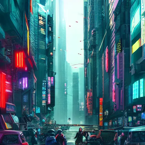 Image similar to cyberpunk street, 4k, sharp, Renaissance painting style