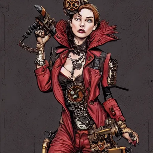 Prompt: Book steampunk red in the hands of a woman, Insanely detailed and intricate, hyper-realistic in the graphic style of Patrick Gleason, detailed art, trending on Artstation, sharp focus, comic art