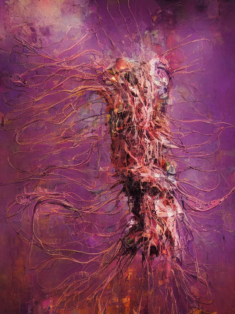 Image similar to a beautiful glitched abstract painting by dale witherow of a glitched human nervous system by robert proch, color bleeding, pixel sorting, copper oxide material, brushstrokes by jeremy mann, studio lighting, pastel purple background, square shapes