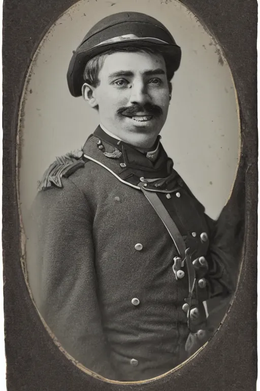 Prompt: official Portrait of a jolly victorian army officer, male, cheerful, happy, detailed face, 19th century, highly detailed, cinematic lighting, photograph, black and white