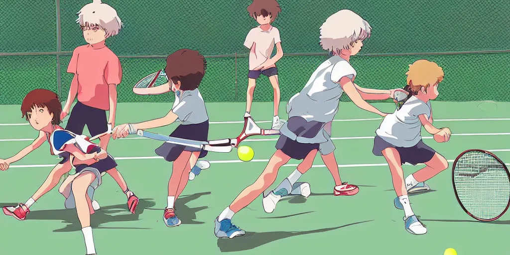 Prompt: digital art of anatomically correct kids playing tennis by studio ghibli