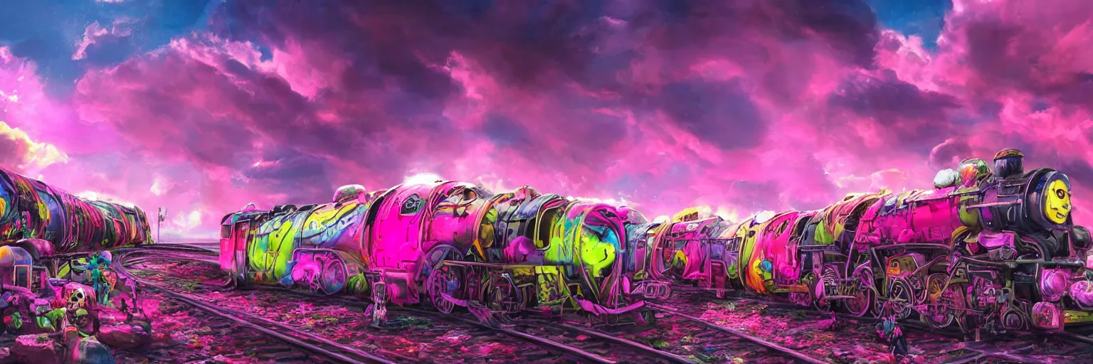 Image similar to space, pink pirate train, dog, run, pirate neon ship with punks on board, mohawks, neon, oil painting, rich deep colors masterpiece, ultra detailed, contrast, heaven pink, lots of roman arches, clouds, sky, volumetric light, atmospheric lighting, dramatic, cinematic, moody, octane render 4 k, 8 k