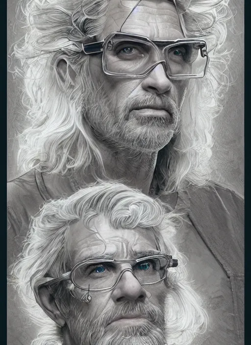 Prompt: a ruggedly handsome man with white hair and safety goggles, intricate, elegant, highly detailed, centered, digital painting, artstation, concept art, smooth, sharp focus, illustration, art by todd lockwood and donato giancola and Joseph Christian Leyendecker