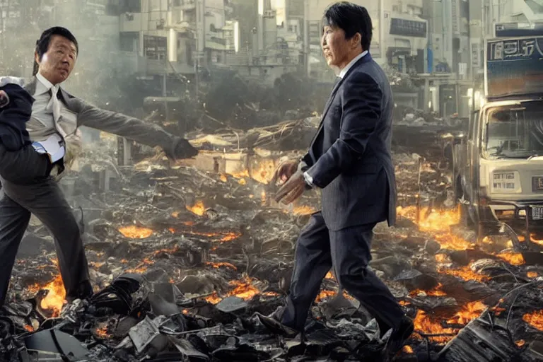 Image similar to cinematography action movie closeup portrait of a Japanese business man carrying his dog running from an explosion in Tokyo by Neil blomkamp