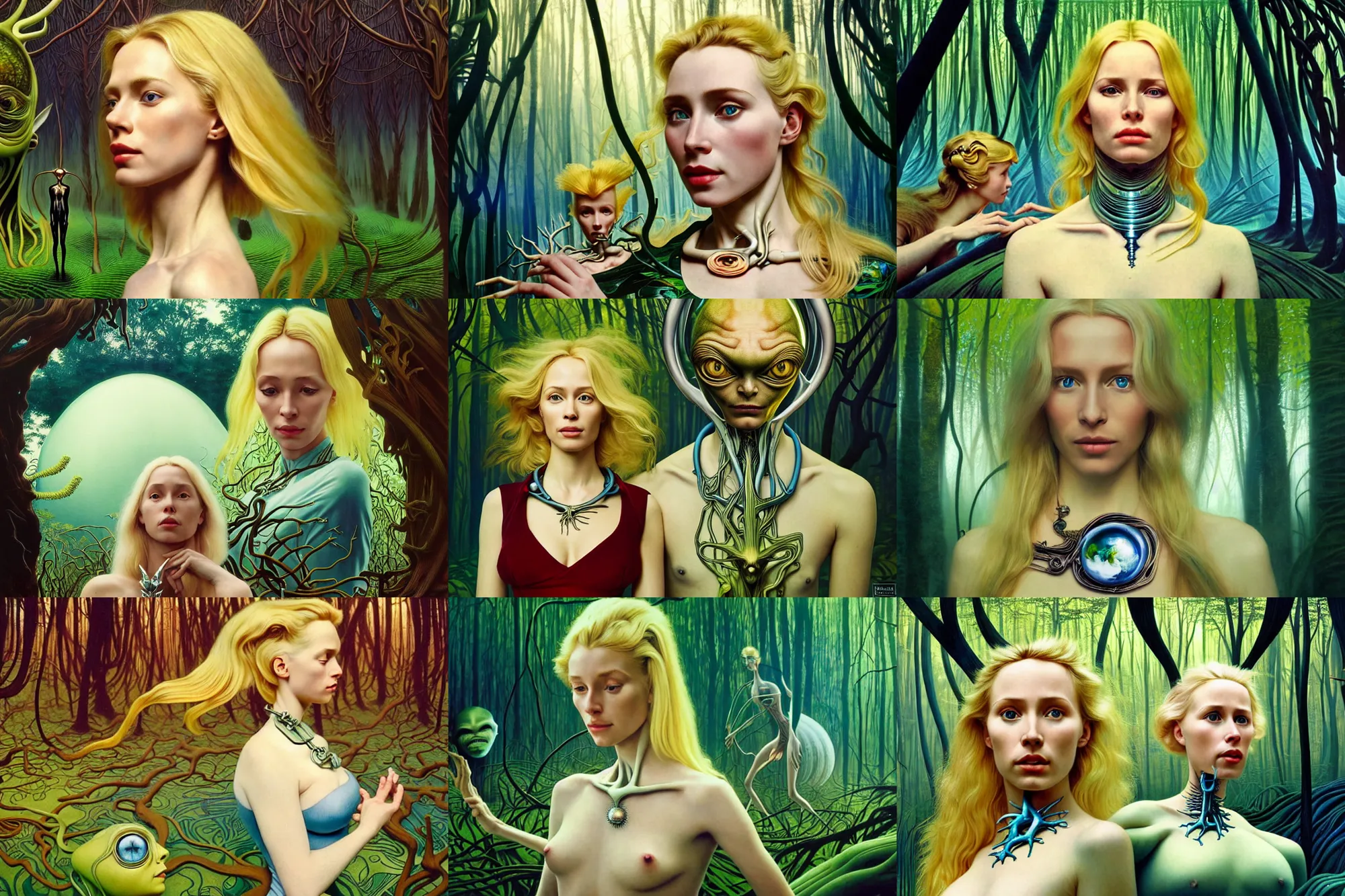 Prompt: realistic detailed portrait movie shot of a beautiful blond woman with an alien, futuristic forest background by denis villeneuve, amano, yves tanguy, alphonse mucha, max ernst, kehinde wiley, caravaggio, roger dean, cyber necklace, rich moody colours, sci fi patterns, wide angle