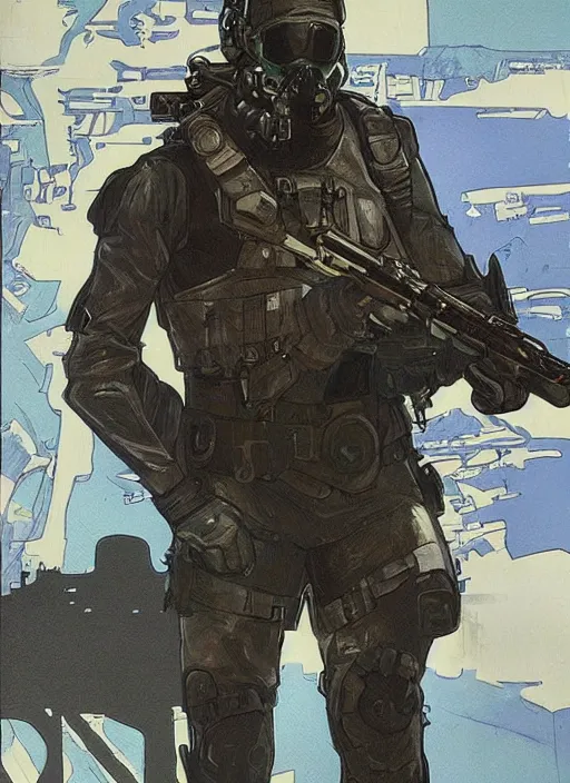 Prompt: Hector. USN blackops operator emerging from water near abandoned shipyard. Agent wearing Futuristic stealth suit. rb6s, MGS, and splinter cell Concept art by James Gurney, Alphonso Mucha. Vivid color scheme.