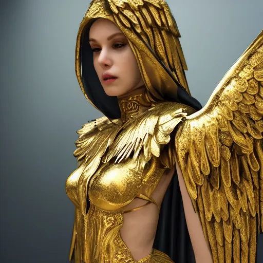 Prompt: tall female angel, wings, shrouded, veiled, ornate cyberpunk armor :: ornate cyberpunk interior, ruins, high arches, cyberpunk cathedral, Golden Light, Cathedral, 8K, trending on artstation, volumetric light, lightrays, smoke, cinematic, atmospheric, octane render, insanely detailed and intricate, hypermaximalist, elegant, ornate, luxury, elite, by James Jean, hyper realistic, super detailed, golden ratio