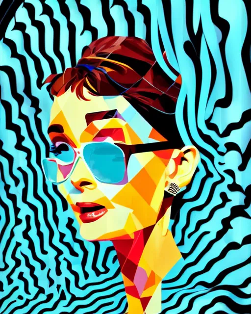 Prompt: audrey hepburn in a chaotic storm of twisting liquid smoke, geometric portrait, by tom whalen, liam brazier, peter mohrbacher, artgerm, shattered glass, bubbly underwater scenery, radiant light