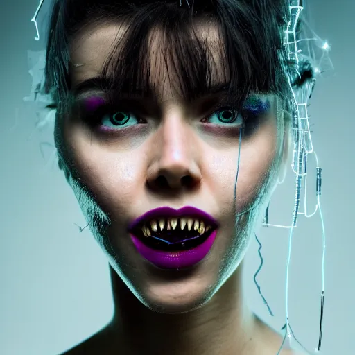 Image similar to a terrifying but beautiful young woman with wires for hair, full body, glowing eyes, razor sharp teeth, computers, horror, studio lighting, 8 5 mm f 1. 8, cyberpunk, full body portrait, masterpiece, trending, highly detailed, realistic