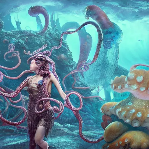 Prompt: dystopian fantasy undersea rock concert. On stage, the drummer is squid woman with tentacles playing a big rock&roll drum kit, by Philipp A. Urlich and Pengzhen Zhang an Andreas Rocha, fantasy, intricate, elegant, highly detailed, digital painting, artstation, blender, unreal engine 5, octane render, smooth, sharp focus, illustration