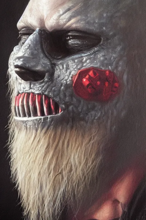 Image similar to high detail fantasy portrait oil painting illustration of slipknot by justin sweet, insane, realistic proportions, d & d, rpg, forgotten realms, artstation trending, high quality, sombre mood, artstation trending, muted colours