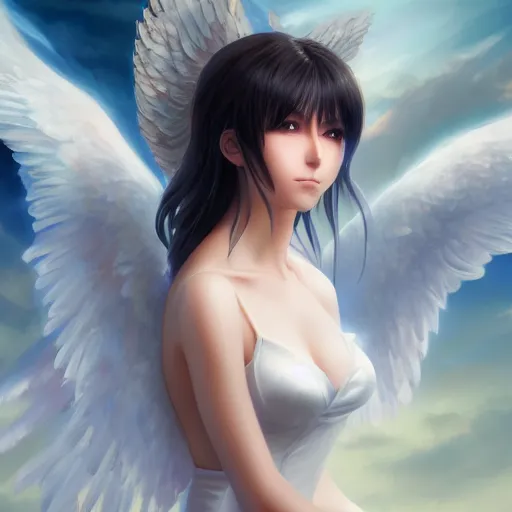 Image similar to an oil painting of a beautiful anime girl with angel wings, by artgerm, hd, hdr, ue 5, ue 6, unreal engine 5, cinematic 4 k wallpaper, 8 k, ultra detailed, high resolution, artstation, award winning