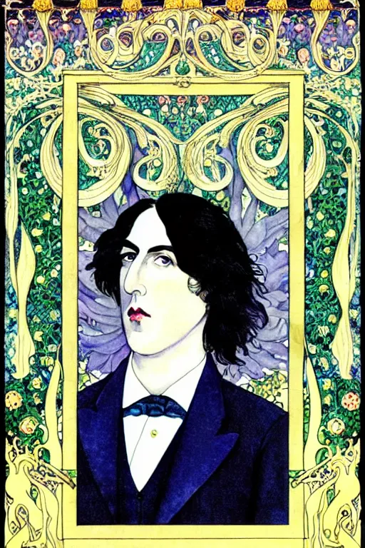 Prompt: realistic profile portrait of oscar wilde in the center of an ornate floral frame looking into a mirror, detailed art by kay nielsen and walter crane, illustration style, watercolor