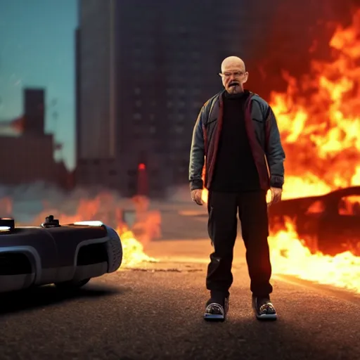 Image similar to Photo of Walter White standing on a hoverboard with several burning buildings behind him, cinematic lighting, highly detailed, 8k