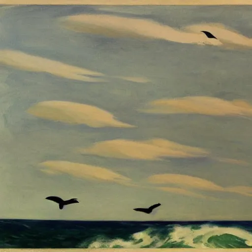 Image similar to white birds flying above the sea with big waves by Edward Hopper