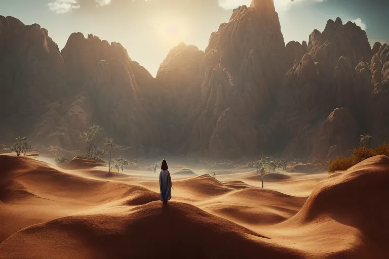 Image similar to oasis in the middle of a desert, dramatic, mid day, mountain background, large scale, hyperrealistic, lots of detail, realistic lighting, octane render, by wlop, artgerm, trending on artstation