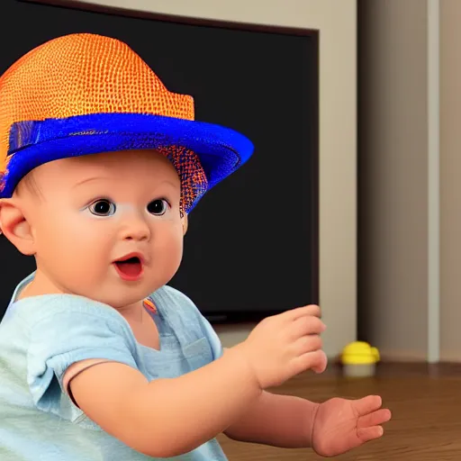 Image similar to baby watching blippi on tv, photorealistic, 8 k