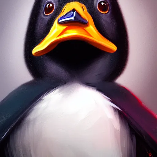 Image similar to portrait of cute mallard duck with black feathers, wearing cultist red robe, inside a castle, black feathers, glowing arcane eyes, ultra detailed, expressive oil painting digital art, octane render, trending on art station,