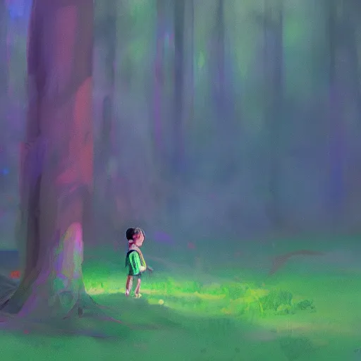 Prompt: a little boy lost in the magic woods, in the style of yanjun cheng, in the style of james gurney, 8 k, wide angle, cinematic, atmospheric, anamorphic, film stock