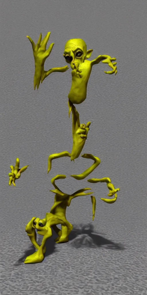 Image similar to 3d glitched malice yellow goblin doll in a street psx rendered early 90s net art n64