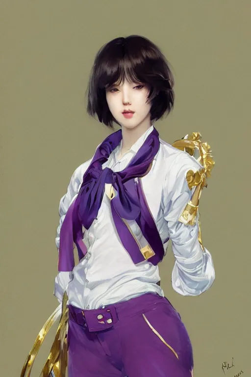 Image similar to Full View of Eunha from Viviz and gFriend with short hair wearing a purple military uniform and puffy silk shorts, white leggings, Golden Ribbon, and a billowy scarf. Rhythmic gymnastics poses. masterpiece 4k digital illustration by Ruan Jia and Mandy Jurgens and Artgerm and greg rutkowski, award winning, Artstation, art nouveau aesthetic, Alphonse Mucha background, intricate details, realistic, panoramic view, Hyperdetailed, 8k resolution, intricate art nouveau