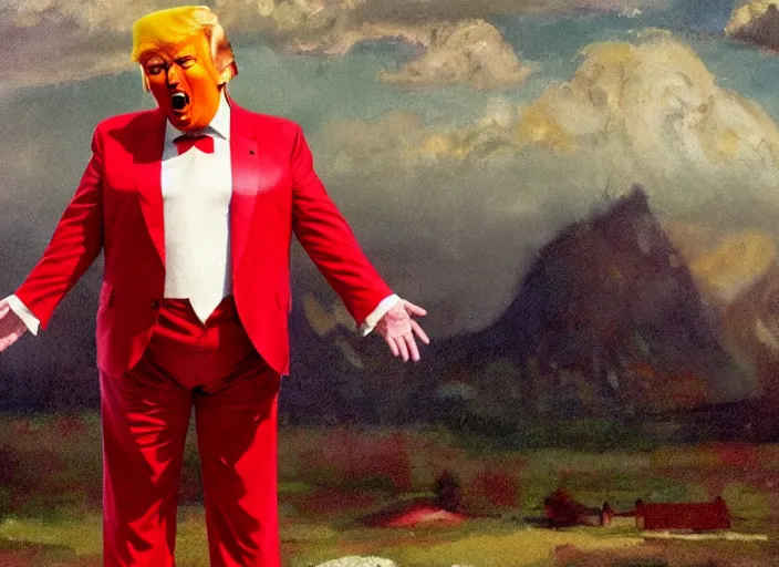 Image similar to donald trump dressed as ronald mcdonald, matte painting, by isaac levitan and asher brown durand,