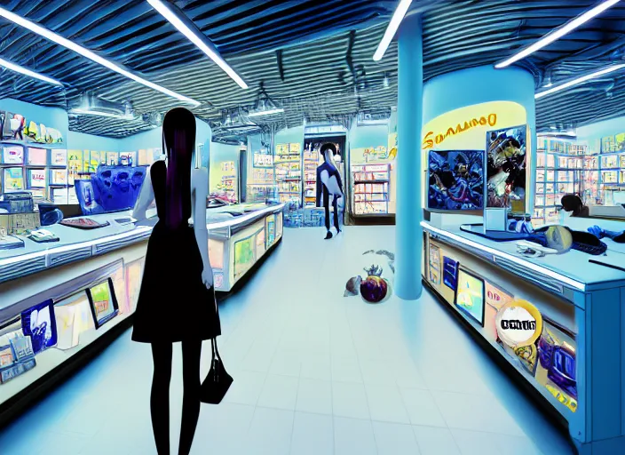 Image similar to lomography, anime, portrait of a young woman in a samsung shop interior shopping, glowing, haruhiko mikimoto, hisashi eguchi, lodoss, dynamic pose and perspective, dramatic lighting, detailed facial features, rounded eyes, sharpened image, yoshinari yoh