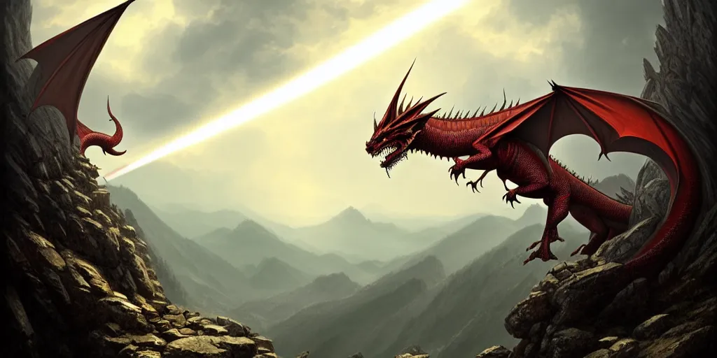 Image similar to red dragon standing on summit of a mountain, forest and valley below, ultra high definition, ultra detailed, symmetry, god rays, sci - fi, dark fantasy, by greg rutkowski