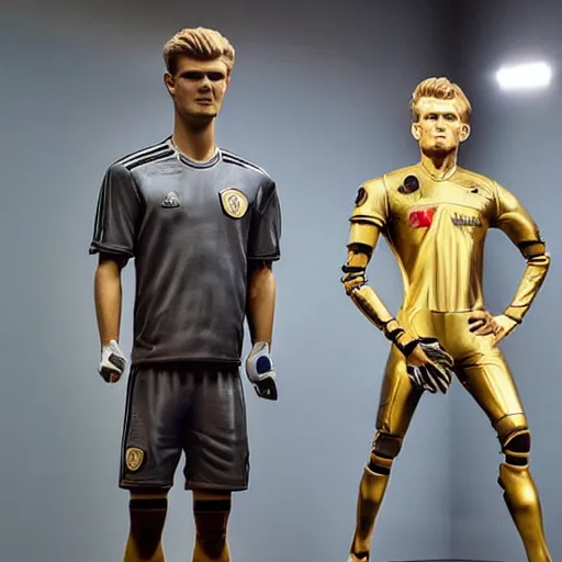 Prompt: a realistic detailed photo of a guy who is an attractive humanoid who is half robot and half humanoid, who is a male android, soccer players martin ødegaard & timo werner, shiny skin, posing like a statue, blank stare, in a museum, on display, showing off his muscles, gold soccer shorts, no jersey, collection of them, statue