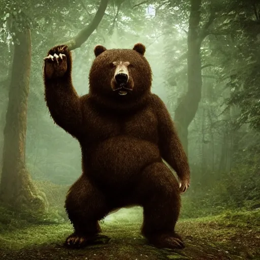 Image similar to a large bear-shaped lovecraftian monster running quickly through a woodland, magical forest, fantasy, Ireland, England, king Arthur, Lord of the rings, cinematic, realistic style, beautiful, majestic, dramatic lighting, early morning, dawn CGsociety, realistic, hyper maximalist, golden ratio, octane render, rule of thirds, wide shot , 8k resolution, epic volumetric light, cinematography, concept art, Artstation trending, environments, fantasy