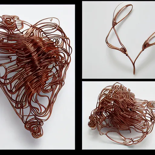 Image similar to a very beautiful tiny human heart organic sculpture made of copper wire and threaded pipes, very intricate, curved. studio lighting, high resolution, high quality, black background