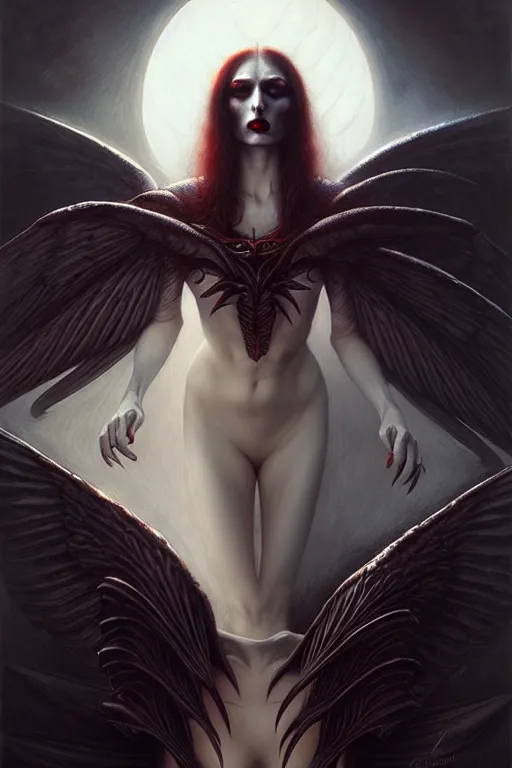 Image similar to winged vampire with a beautiful face by anna podedworna, ayami kojima, greg rutkowski, giger, maxim verehin