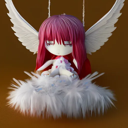 Image similar to cute fumo plush of a divine angel, gothic maiden, ribbons and flowers, ruffled wings, feathers raining, particle simulation, clouds, vray