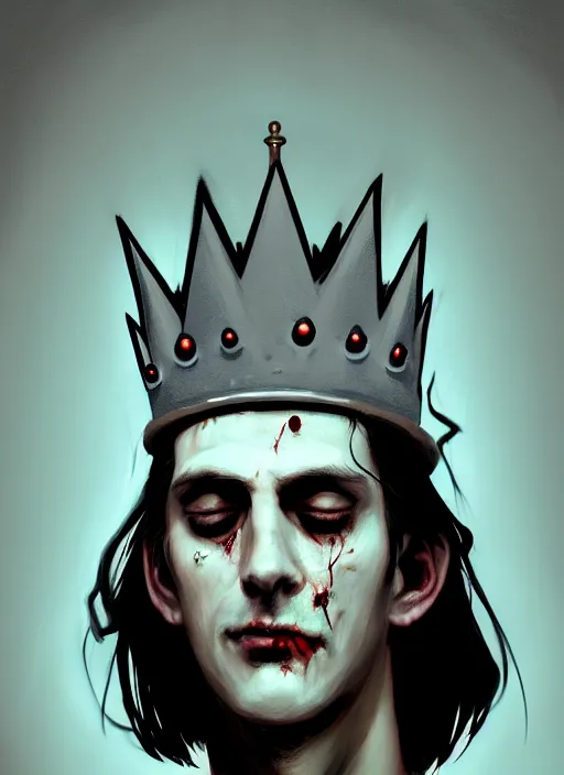 Prompt: portrait of zombie jughead jones wearing a light grey crown, photorealistic, zombie, crown, eyes closed, crown, black hair, intricate, elegant, glowing lights, highly detailed, digital painting, artstation, concept art, sharp focus, illustration, art by wlop, mars ravelo and greg rutkowski