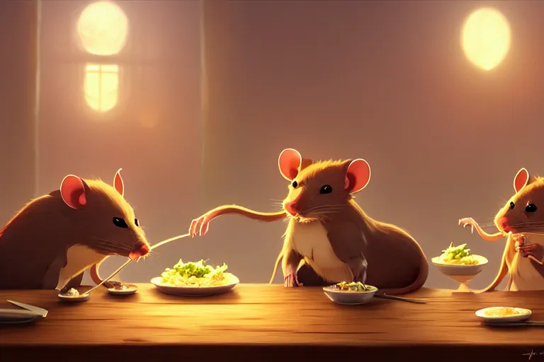 Prompt: anthropomorphic rats eating a delicious dinner, key visual, a fantasy digital painting by makoto shinkai and james gurney, trending on artstation, highly detailed