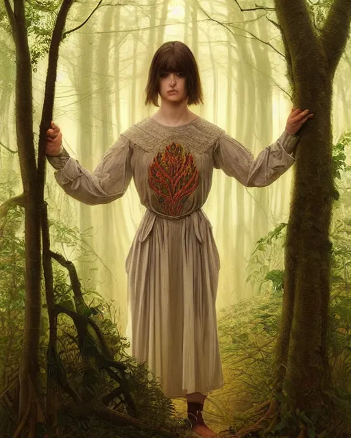 Image similar to symmetry portrait of welsh brunette student in mans tunic, embroidery, trees, tomboy, short hair, intricate forest background, intricate, elegant, highly detailed, digital painting, artstation, concept art, smooth, sharp focus, illustration, art by artgerm and greg rutkowski and fra angelico and alphons mucha