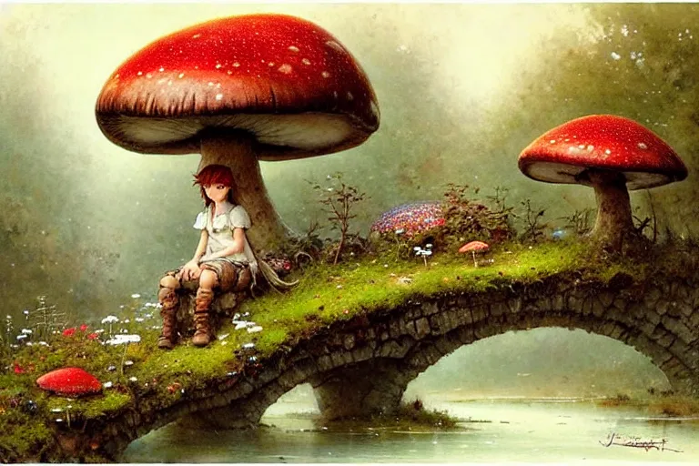 Image similar to nofigure! adventurer ( ( ( ( ( 1 9 5 0 s retro future forrest of giant mushrooms, moss and flowers stone bridge. muted colors. ) ) ) ) ) by jean baptiste monge!!!!!!!!!!!!!!!!!!!!!!!!! chrome red