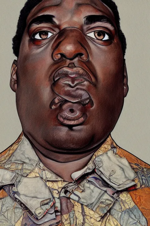 Image similar to a realistic portrait of biggie small in style of egon schiele, masterpiece, hyperdetailed, complex, intricate, 4 k, trending on artstation