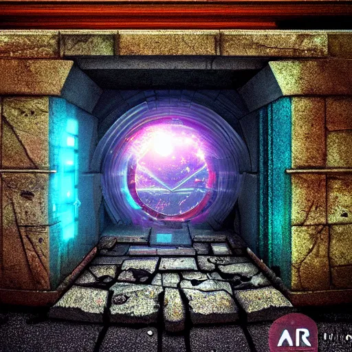 Image similar to a portal in the floor, ancient ruins, epic retrowave art, trending on art station