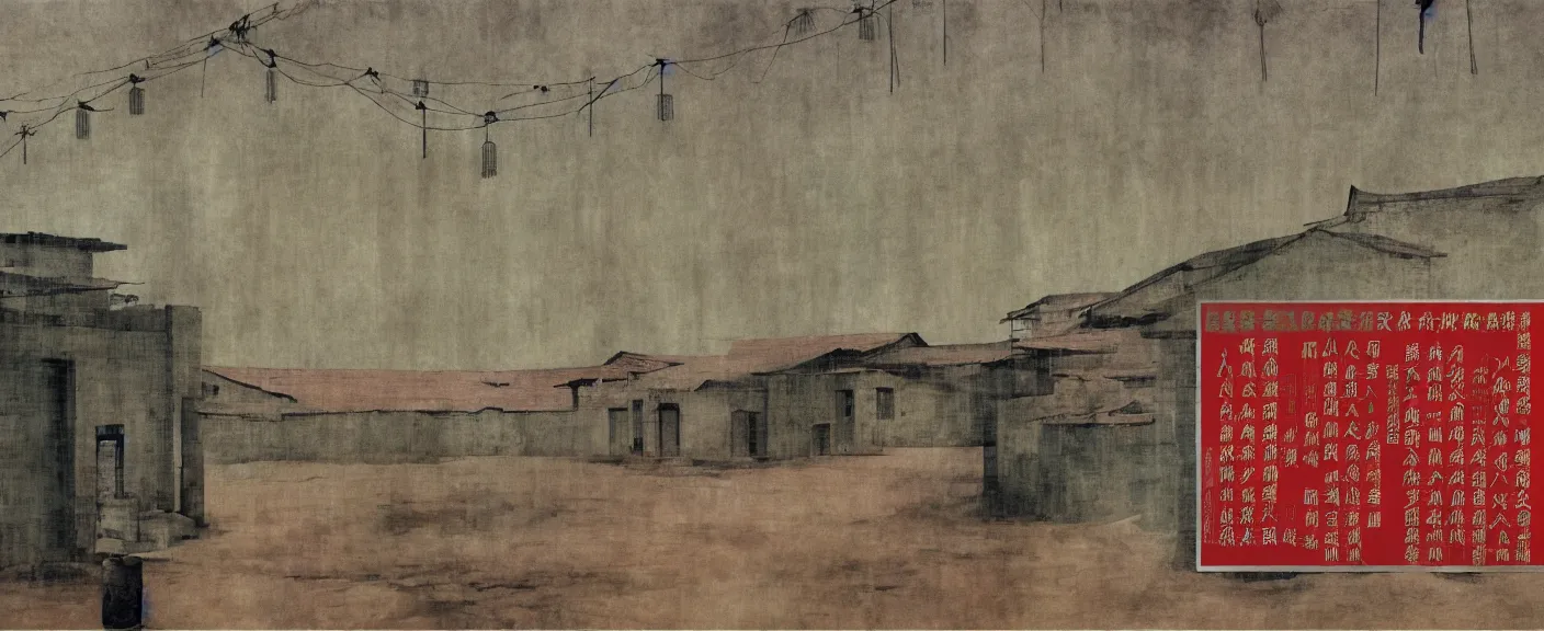 Prompt: a chinese prison near a river by peter doig, 4 k, muted colors, overlaid with chinese adverts