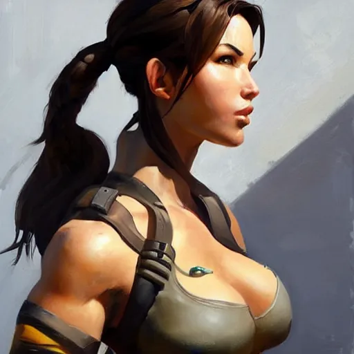 Image similar to greg manchess portrait painting of armored lara croft as overwatch character, medium shot, asymmetrical, profile picture, organic painting, sunny day, matte painting, bold shapes, hard edges, street art, trending on artstation, by huang guangjian and gil elvgren and sachin teng