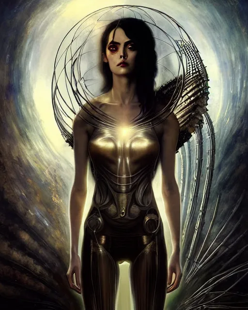 Image similar to karol bak and tom bagshaw and bastien lecouffe - deharme full body character portrait of alita battle angel as galadriel, floating in a powerful zen state, supermodel, beautiful and ominous, wearing combination of mecha and bodysuit made of wires and silk, machinery enveloping nature in the background, scifi character render