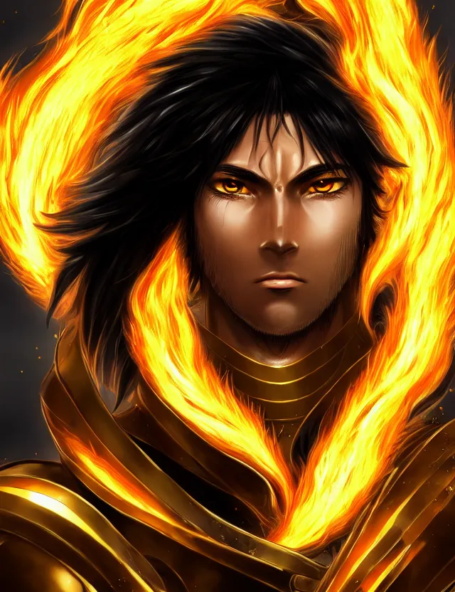 Prompt: a detailed manga portrait of a black haired man with hazel eyes in gleaming golden armour that burns with golden fire, trending on artstation, digital art, 4 k resolution, detailed, high quality, sharp focus, hq artwork, coherent, insane detail, character portrait