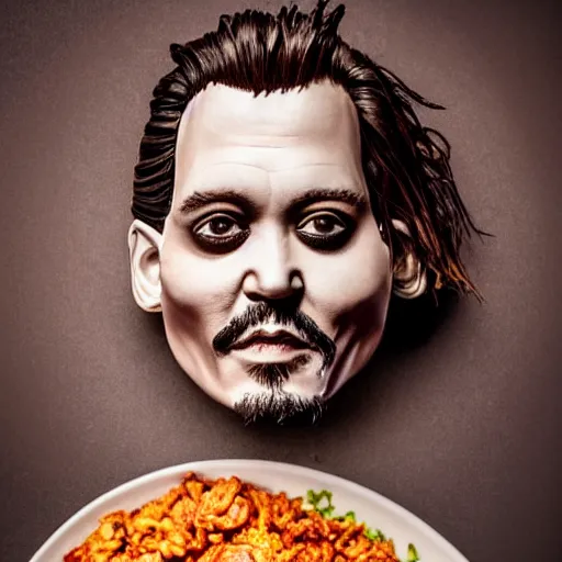 Prompt: johnny depp made out of jambalaya, a human face made out of a bowl of jambalaya, professional food photography