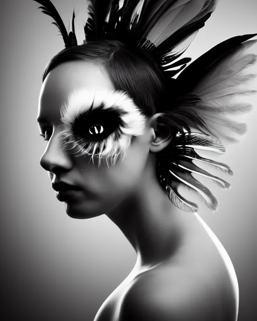 Prompt: surreal mythical dreamy dark artistic black and white fine art 3 / 4 portrait photo of a young delicate mutant female - orchid - bird - cyborg with feather hair, rim light, cinematic, studio dramatic light, poetic, octane render, 8 k, photo - realistic