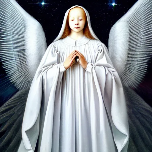 Image similar to highdetailed hyperrealistic painting of white angel!!! no gender smiling noface!!!, light instead of hands, white sparkles everywhere, 4 k hd face!!!, big silver high detailed wings!!!, renaissance, by jan van eyck, holography space, glow effect, large strokes, monochrome!!!!!