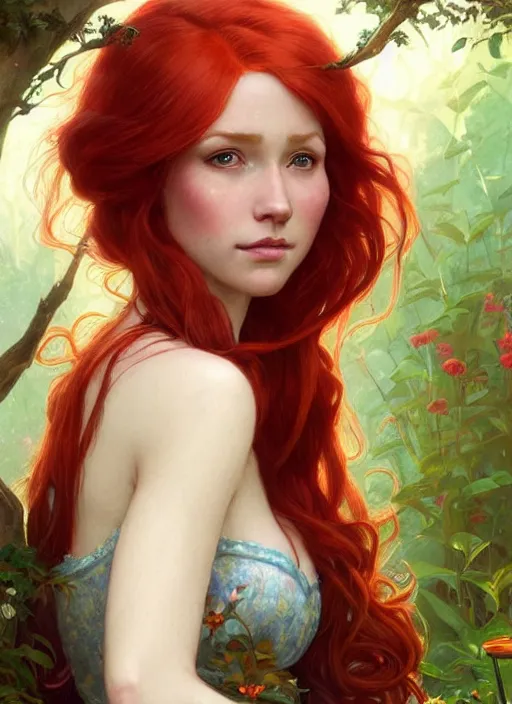 Image similar to a beautiful red haired woman as a fairy princess in a garden, deep focus, d & d, fantasy, intricate, elegant, highly detailed, digital painting, artstation, concept art, matte, sharp focus, illustration, hearthstone, art by artgerm and greg rutkowski and alphonse mucha