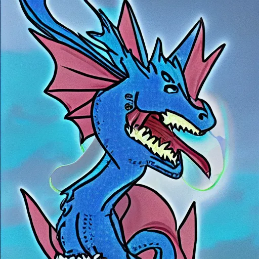 Image similar to children's cartoon of a blue dragon sitting on top of a suburban home at night