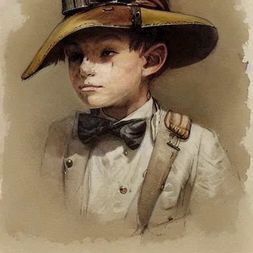 Image similar to (((((portrait of boy dressed as steampunk explorer . wearing a Pith helmet and dress in white. muted colors.))))) by Jean-Baptiste Monge !!!!!!!!!!!!!!!!!!!!!!!!!!!